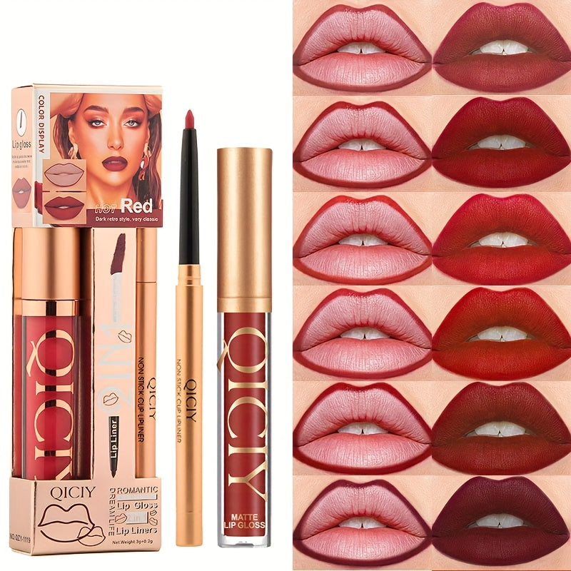 QICIY Lip Gloss Lip & Liner Set Waterproof Matte Easy Coloring Lipstick Set Easy Beauty Nepal