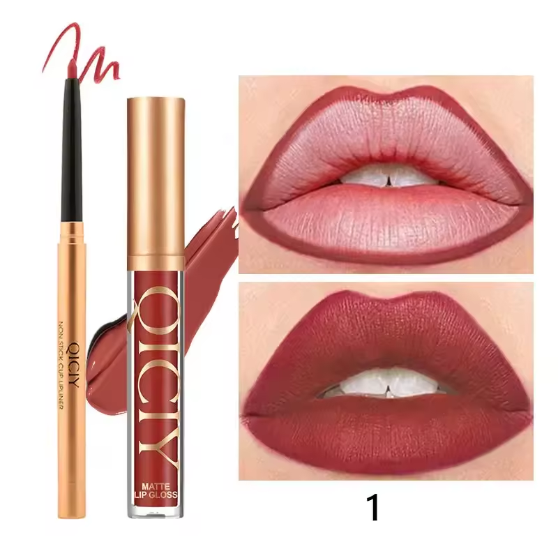 QICIY Lip Gloss Lip & Liner Set Waterproof Matte Easy Coloring Lipstick Set Easy Beauty Nepal