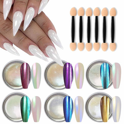 Nail Ornament 6 - Colors White Pearl Chrome Nail Powder Set Mask Queen Nepal