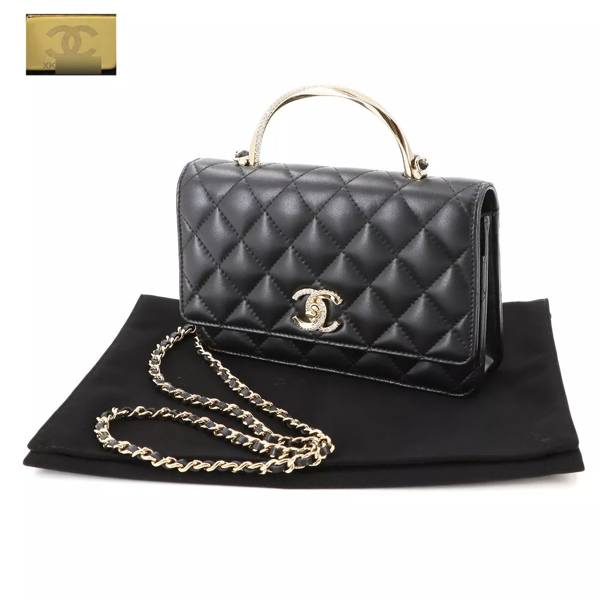 CHANEL Matelassé Chain Wallet Leather Black Rhinestone Bag Easy Beauty Nepal