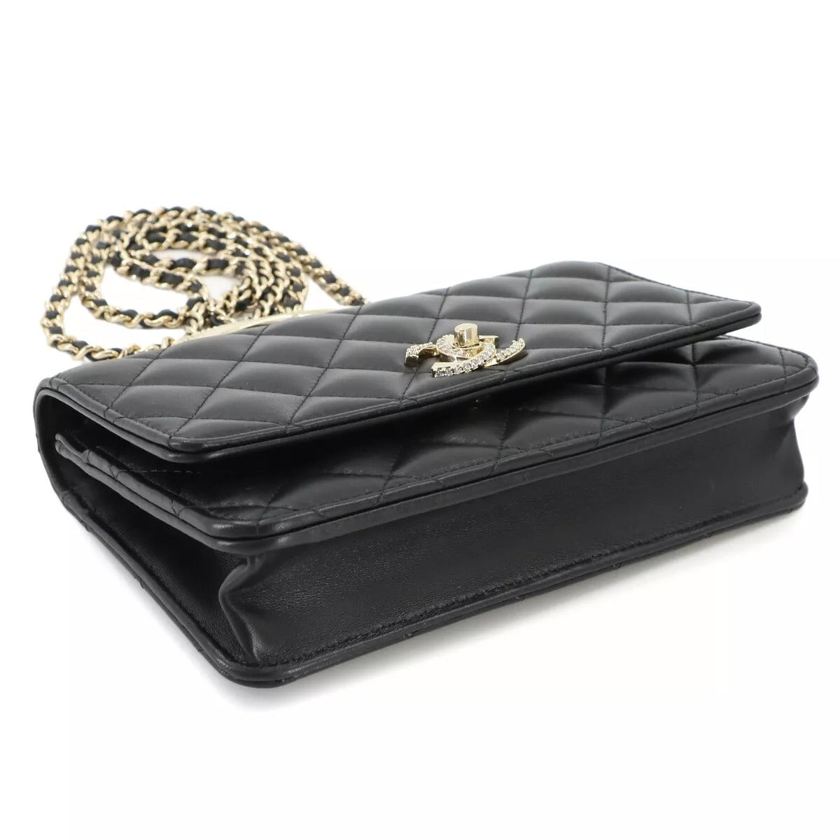 CHANEL Matelassé Chain Wallet Leather Black Rhinestone Bag Easy Beauty Nepal