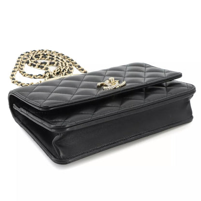 CHANEL Matelassé Chain Wallet Leather Black Rhinestone Bag Easy Beauty Nepal