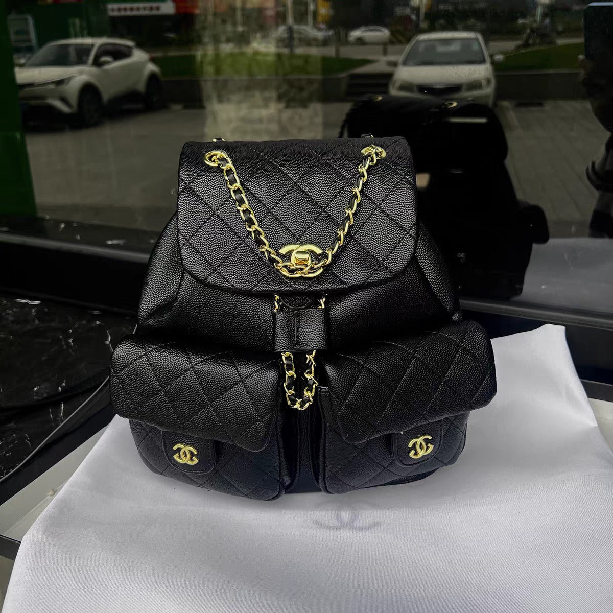 Chanel Medium Cargo Duma Backpack Black Shiny Grained Calfskin Easy Beauty Nepal