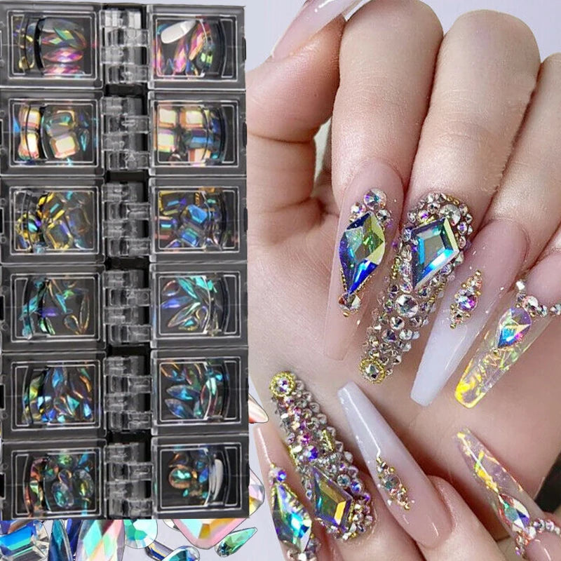 12 Grids/box Nail Art Rhinestones Glass Nail Decoration Stone Box Mask Queen Nepal