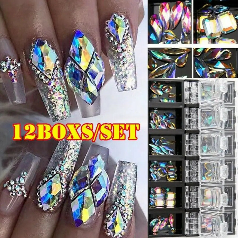 12 Grids/box Nail Art Rhinestones Glass Nail Decoration Stone Box Mask Queen Nepal