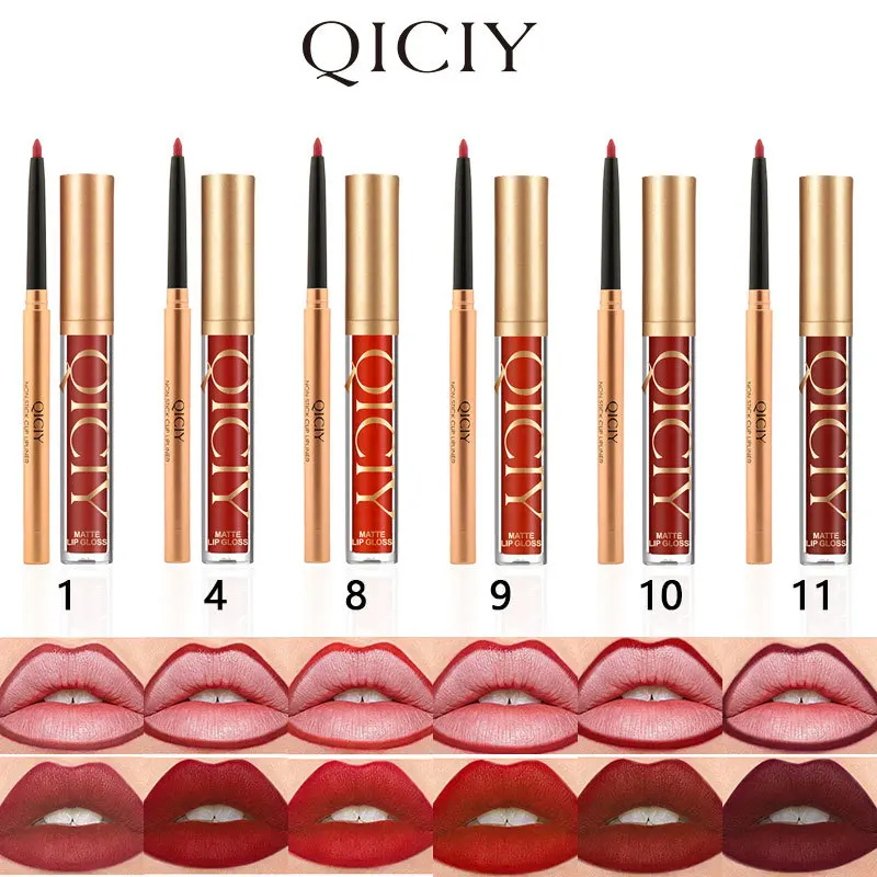 QICIY Lip Gloss Lip & Liner Set Waterproof Matte Easy Coloring Lipstick Set Easy Beauty Nepal