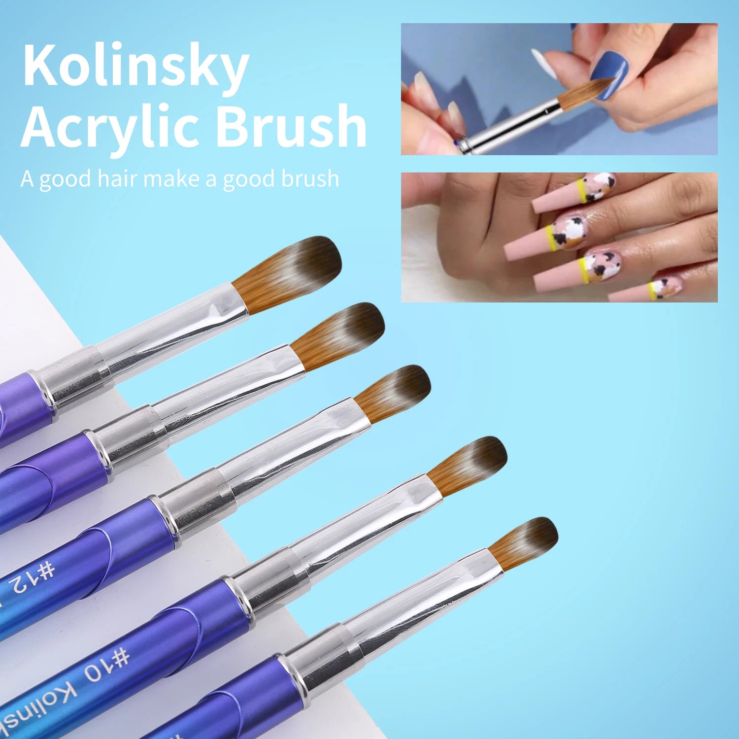 100% Pure Kolinsky 3D Art Nail Brush With Gradient Blue Handle, Art Design Powder Nail Brush Pen For Nails Extension & Carving, Mask Queen Nepal