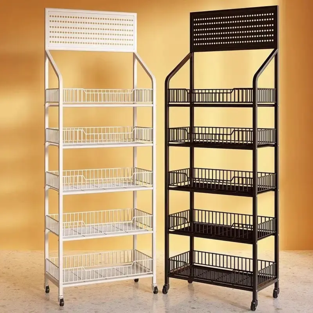 Multi-Tier Retail Display Rack with Wheels & Hooks — Store Checkout Merchandise Stand Mask Queen Nepal