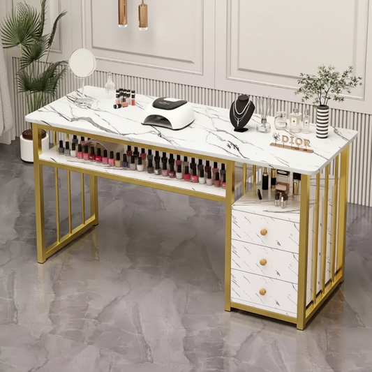 Ins Style Marble Grain Manicure Table Golden Frame with Drawes 100cm Mask Queen Nepal