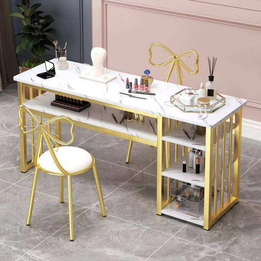 Ins Style Marble Grain Manicure Table Golden Frame and Side Cabinet 100cm Mask Queen Nepal