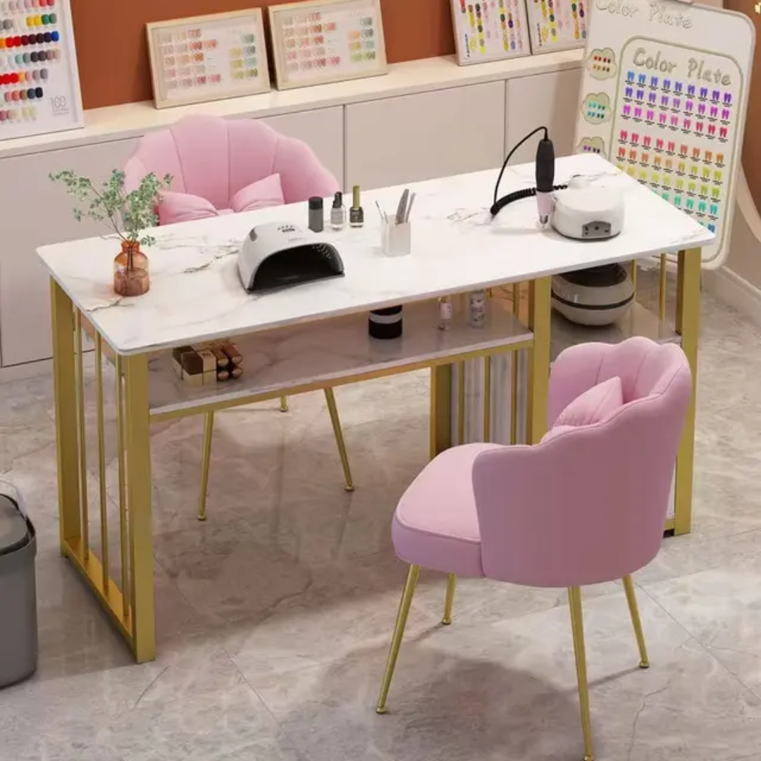 Ins Style Marble Grain Manicure Table Golden Frame and Side Cabinet 100cm Mask Queen Nepal